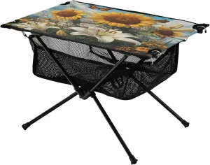 Camping Table Lightweight Portable Folding Table with Mesh Storage Net Flower Sunflower Lily Ideal for Camping Hiking Beach Picnic Travel Backyard
