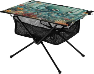 Camping Table Lightweight Portable Folding Table with Mesh Storage Net Wood Grain Octopus Ideal for Camping Hiking Beach Picnic Travel Backyard