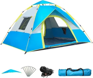 Camping Tent 2-3/3-4 Person Outdoor Dome Tent Automatic Instant Pop Up Tent Beach Camping Folding Tent with Carry Bag Blocks Wind & Rain 2 Doors 2 Windows