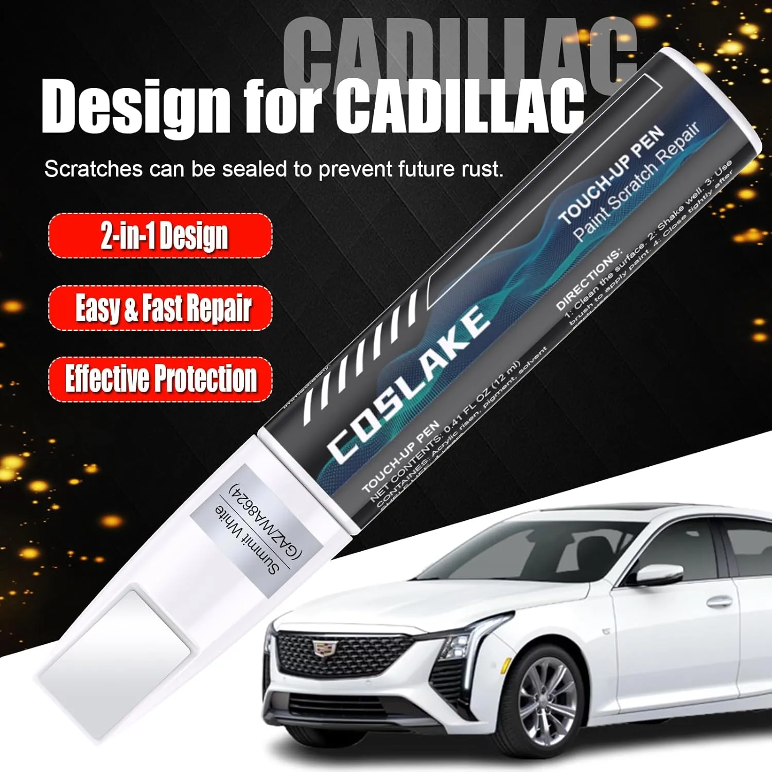 Car Touch Up Paint(Black Raven(GBA/WA8555)) for Cadillac, Car Paint Scratch Repair Kit, Quick & Easy Solution to Repair, 2 in 1 Scratch Remover Pen with 2PCS Disposable Micro Applicators