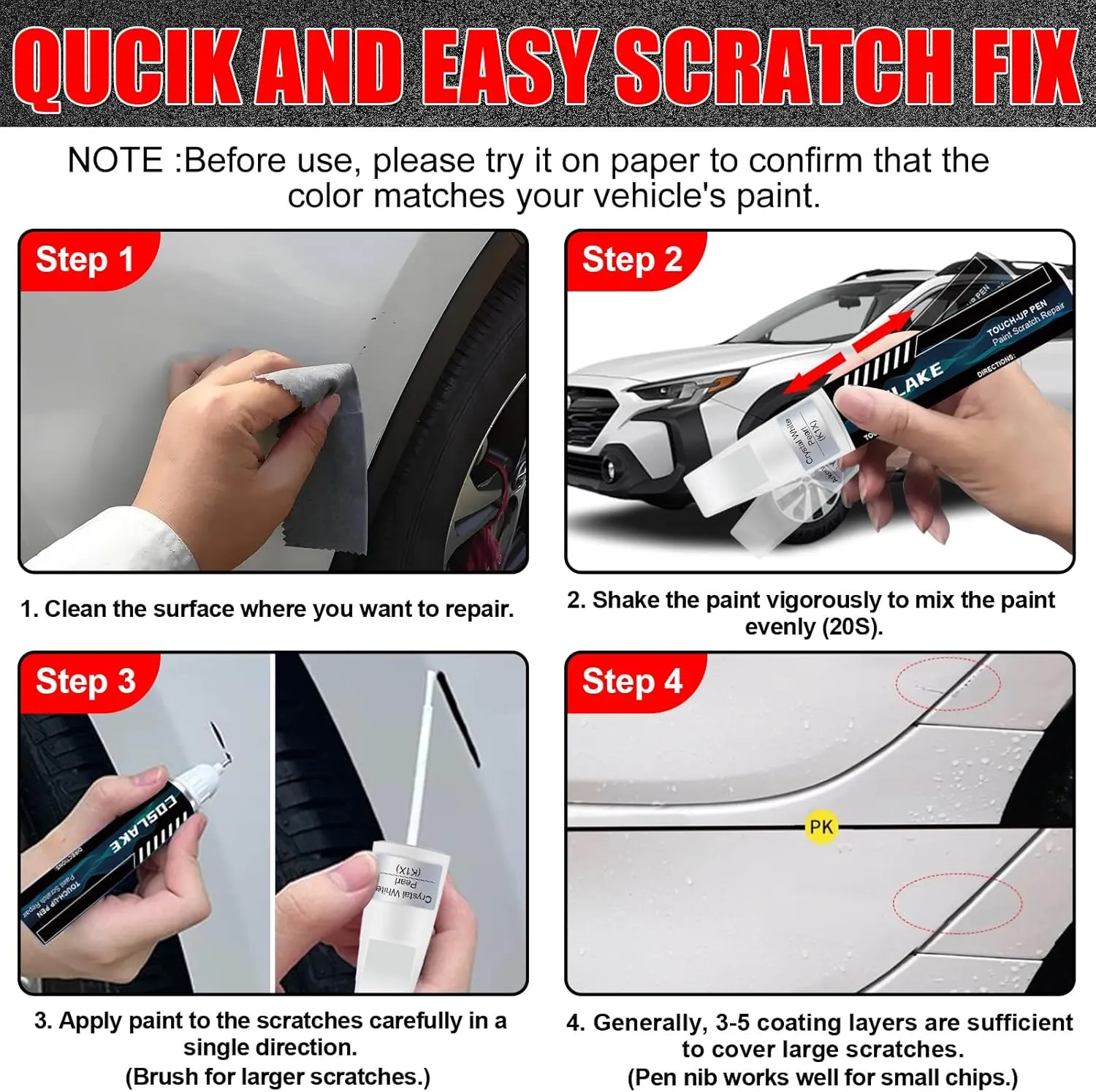 Car Touch Up Paint(Crystal White Pearl(K1X)) for SUBARU, Car Paint Scratch Repair Kit, Quick & Easy Solution to Repair, 2 in 1 Scratch Remover Pen with Color-Matched