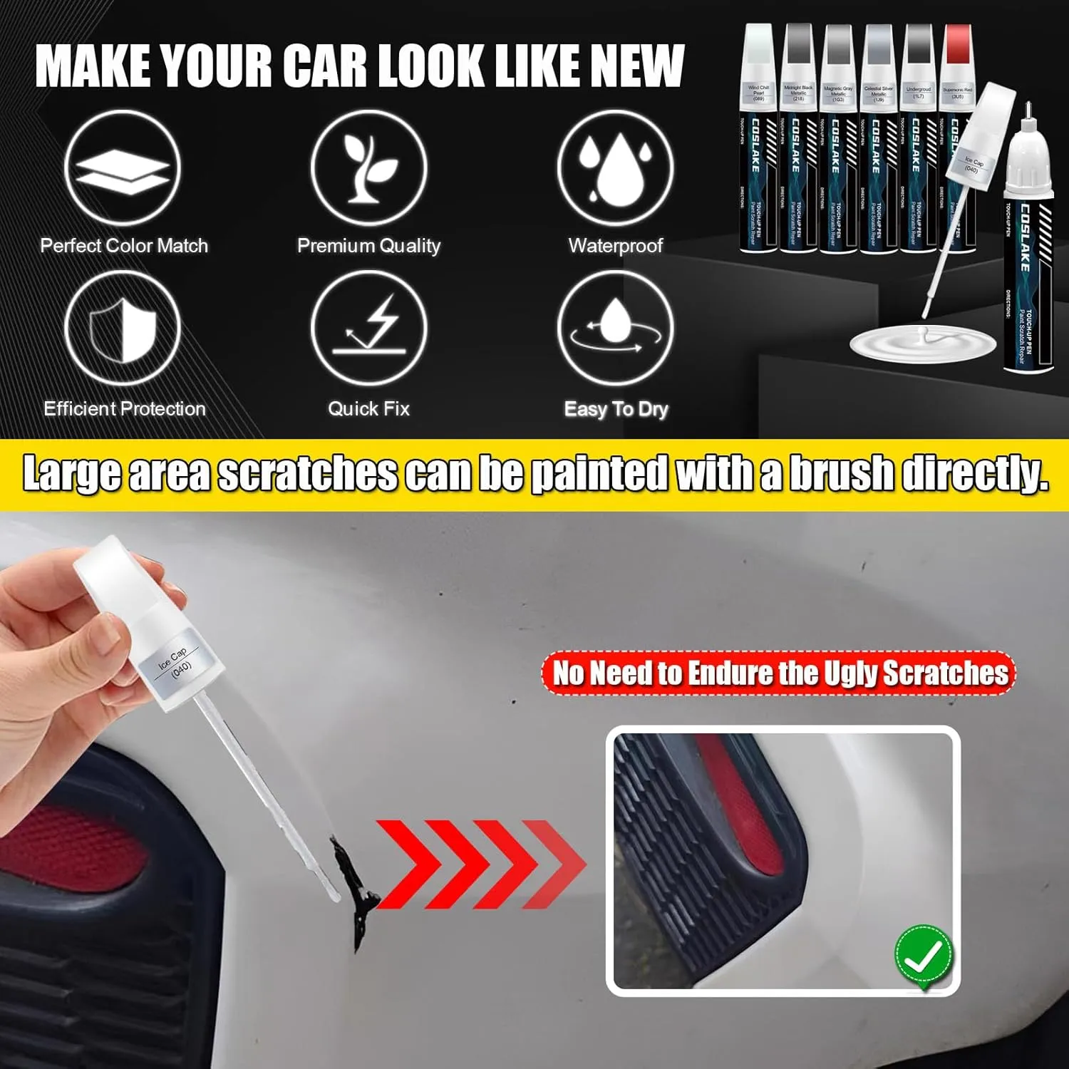 Car Touch Up Paint(Ice Cap/Super White(040(Include 2UE/2MQ))) for Toyota, Car Paint Scratch Repair Kit, Quick & Easy Solution to Repair, 2 in 1 Scratch Remover Pen with Color-Matched
