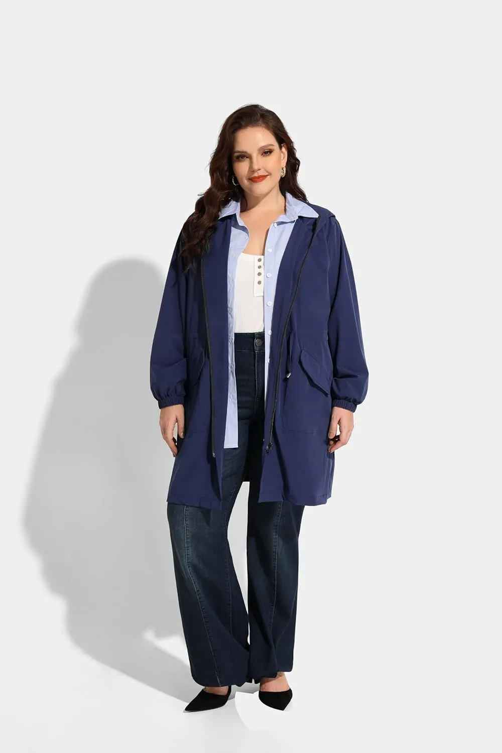 CARCOS Women Plus Size Raincoat Lightweight Waterproof Rain Jacket Travel Hooded Trench Coat XL-5XL