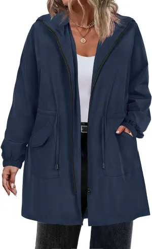 CARCOS Women Plus Size Raincoat Lightweight Waterproof Rain Jacket Travel Hooded Trench Coat XL-5XL