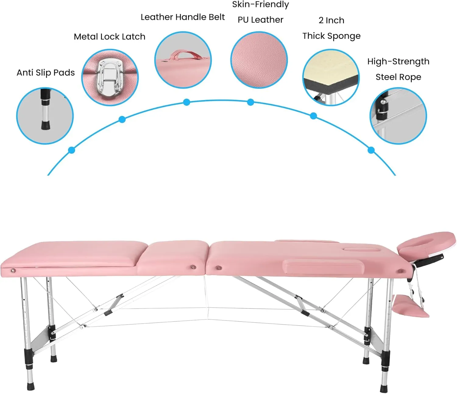 Careboda Massage Table Professional Massge Bed 3 Fold 82 Inches Height Adjustable (Macaron Pink)