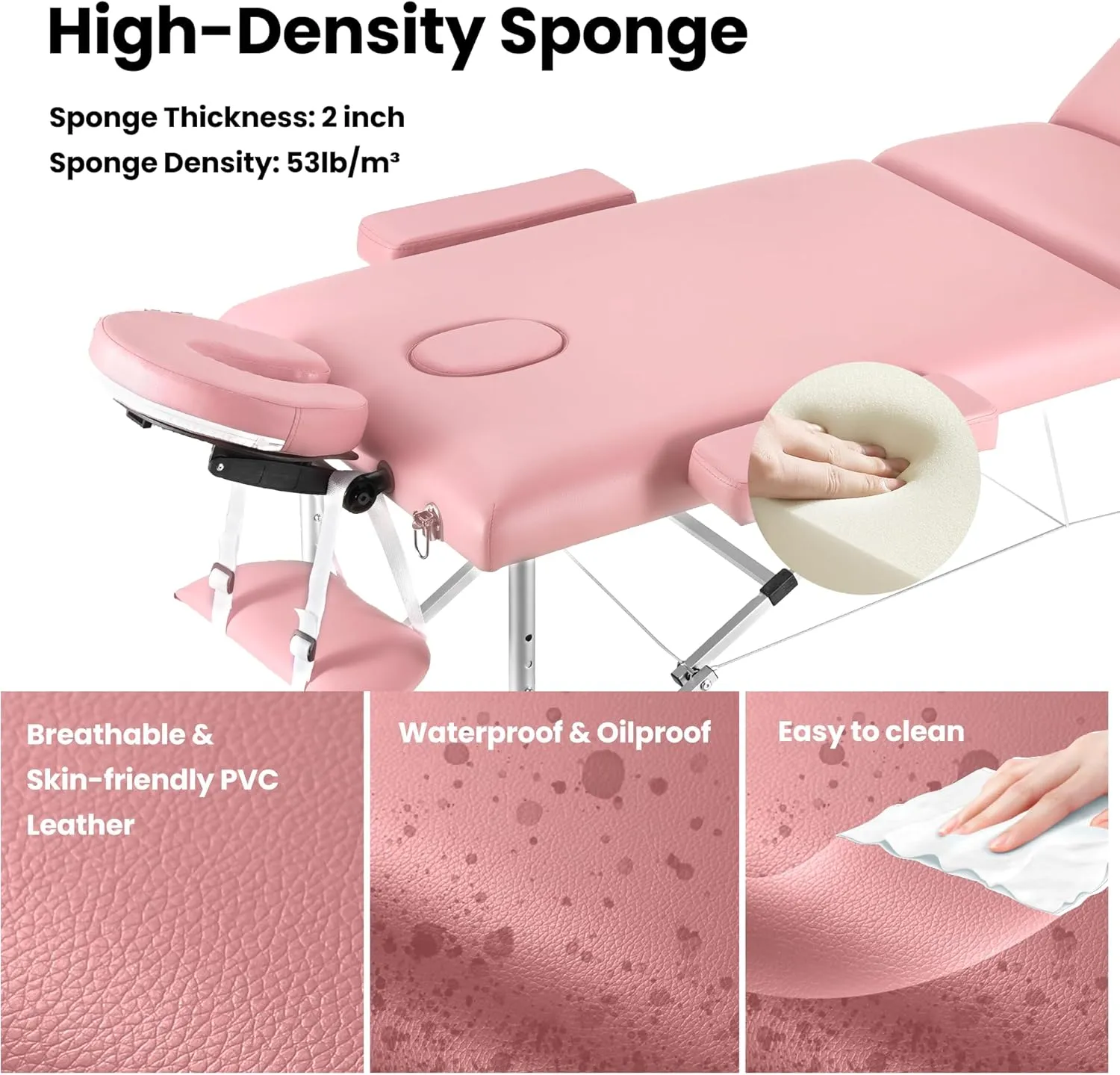 Careboda Massage Table Professional Massge Bed 3 Fold 82 Inches Height Adjustable (Macaron Pink)