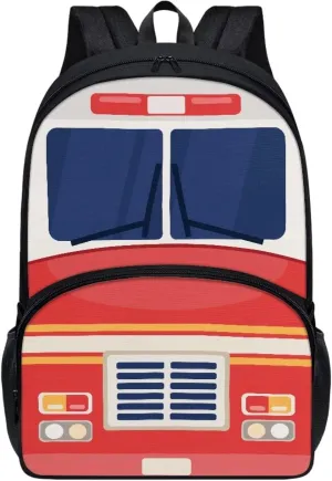 Cartoon Fire Truck Print Backpacks for Boys Girls Durable Soft Padded Back Lightweight School Bookbag Kids Student Campus Travel Large 17 Inch Cute Backpack with Front Pocket