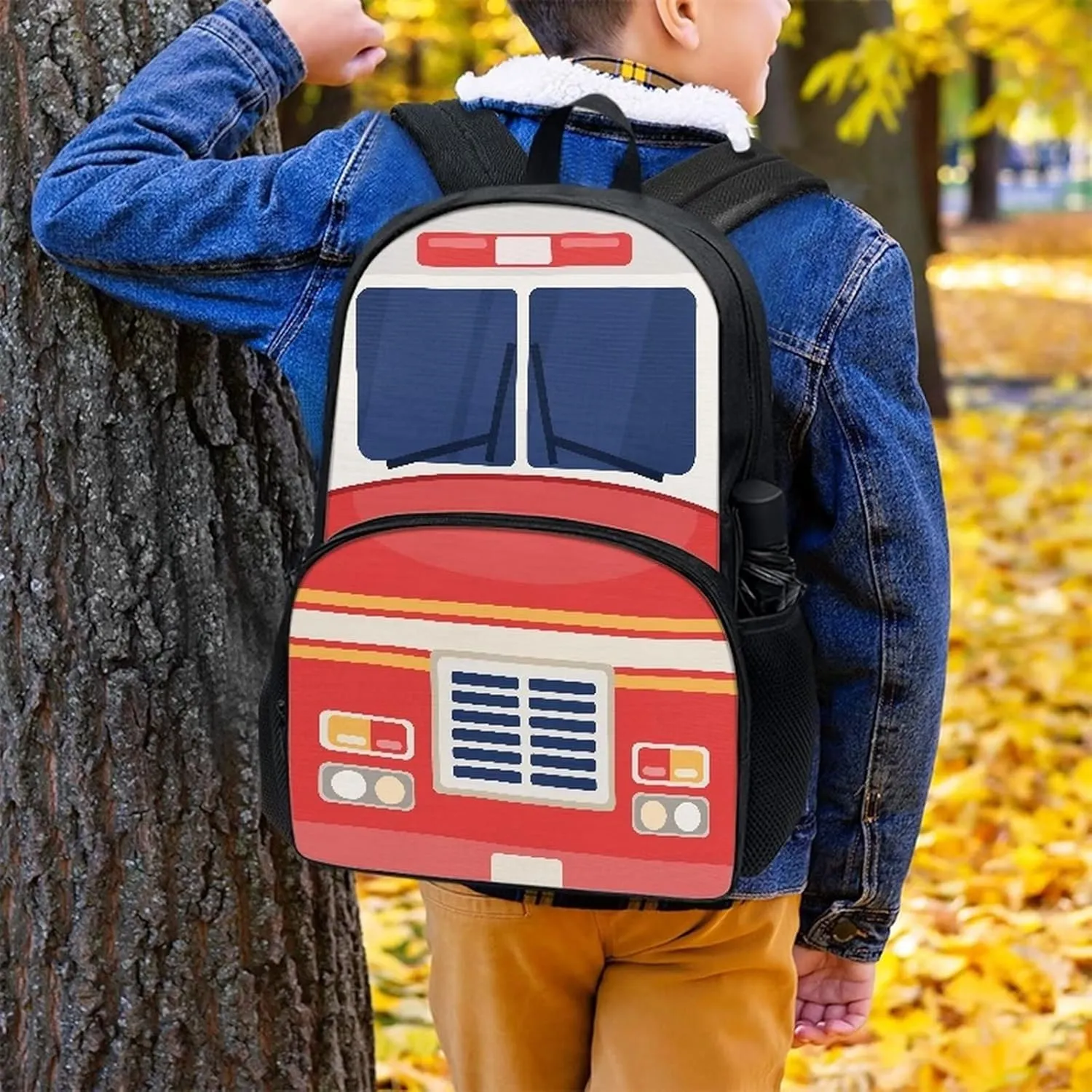 Cartoon Fire Truck Print Backpacks for Boys Girls Durable Soft Padded Back Lightweight School Bookbag Kids Student Campus Travel Large 17 Inch Cute Backpack with Front Pocket