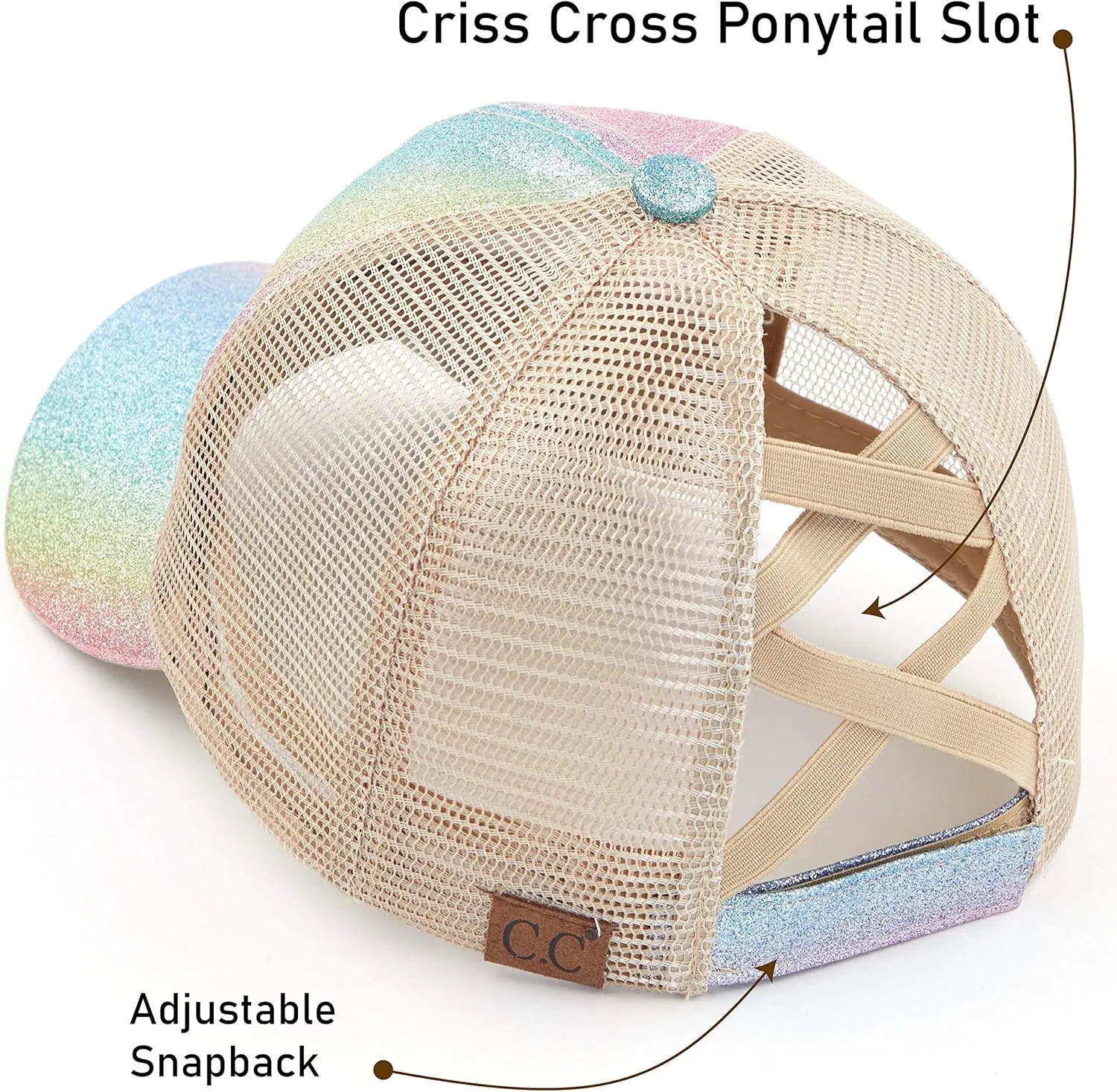 C.C Ponycap Messy High Bun Ponytail Adjustable Glitter Mesh Trucker Baseball Cap