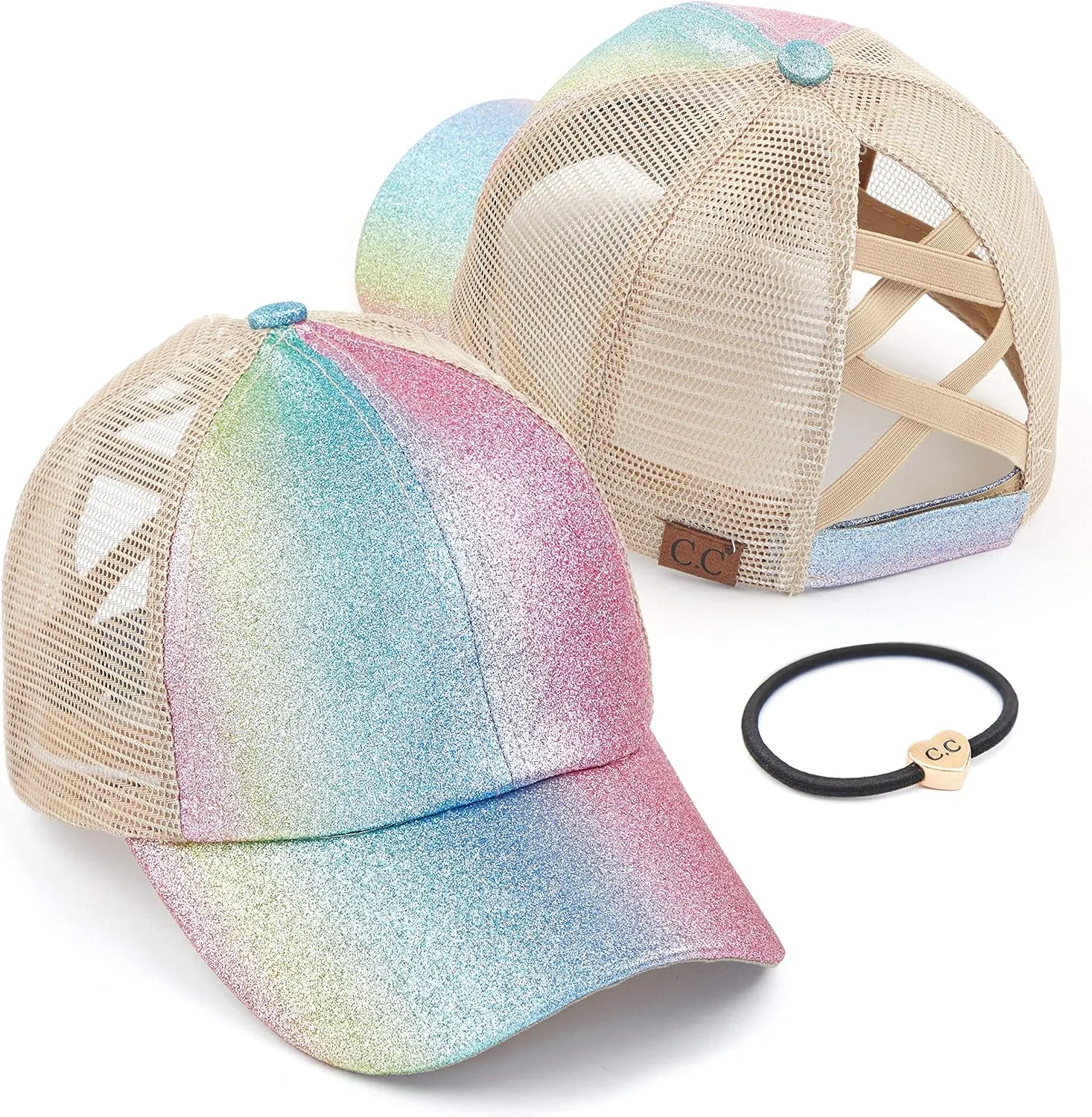 C.C Ponycap Messy High Bun Ponytail Adjustable Glitter Mesh Trucker Baseball Cap