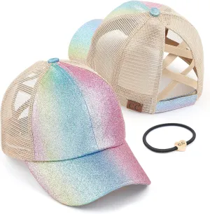 C.C Ponycap Messy High Bun Ponytail Adjustable Glitter Mesh Trucker Baseball Cap