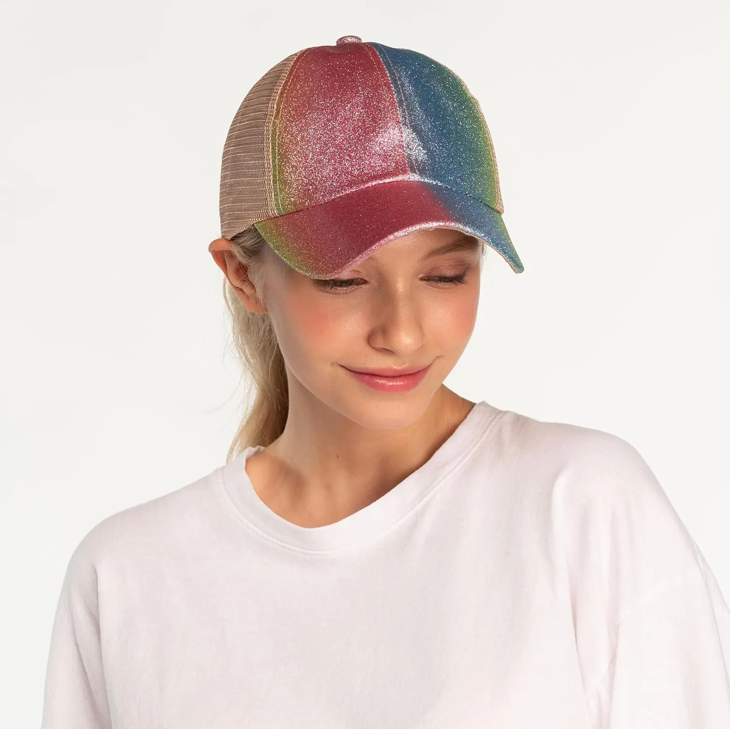 C.C Ponycap Messy High Bun Ponytail Adjustable Glitter Mesh Trucker Baseball Cap
