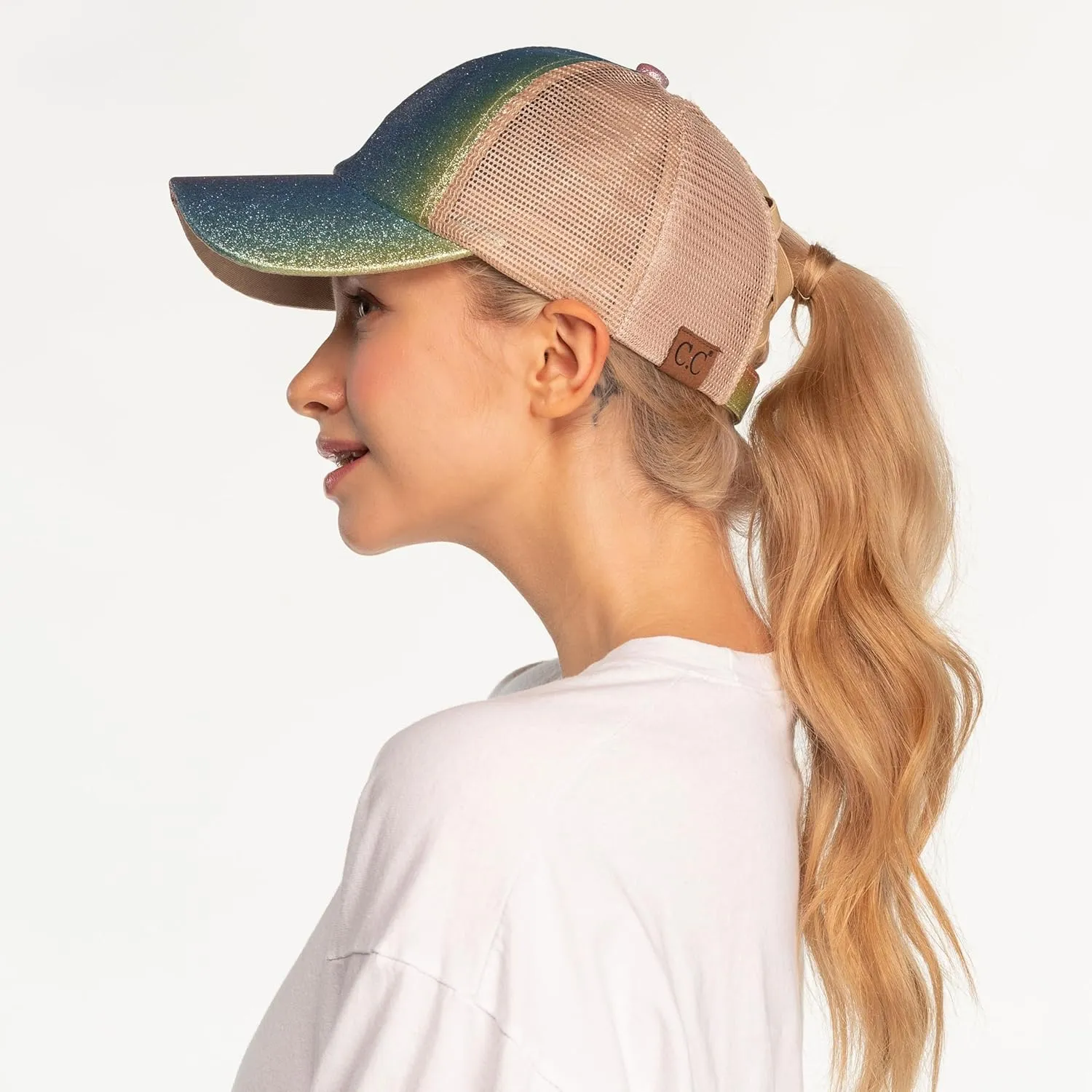C.C Ponycap Messy High Bun Ponytail Adjustable Glitter Mesh Trucker Baseball Cap