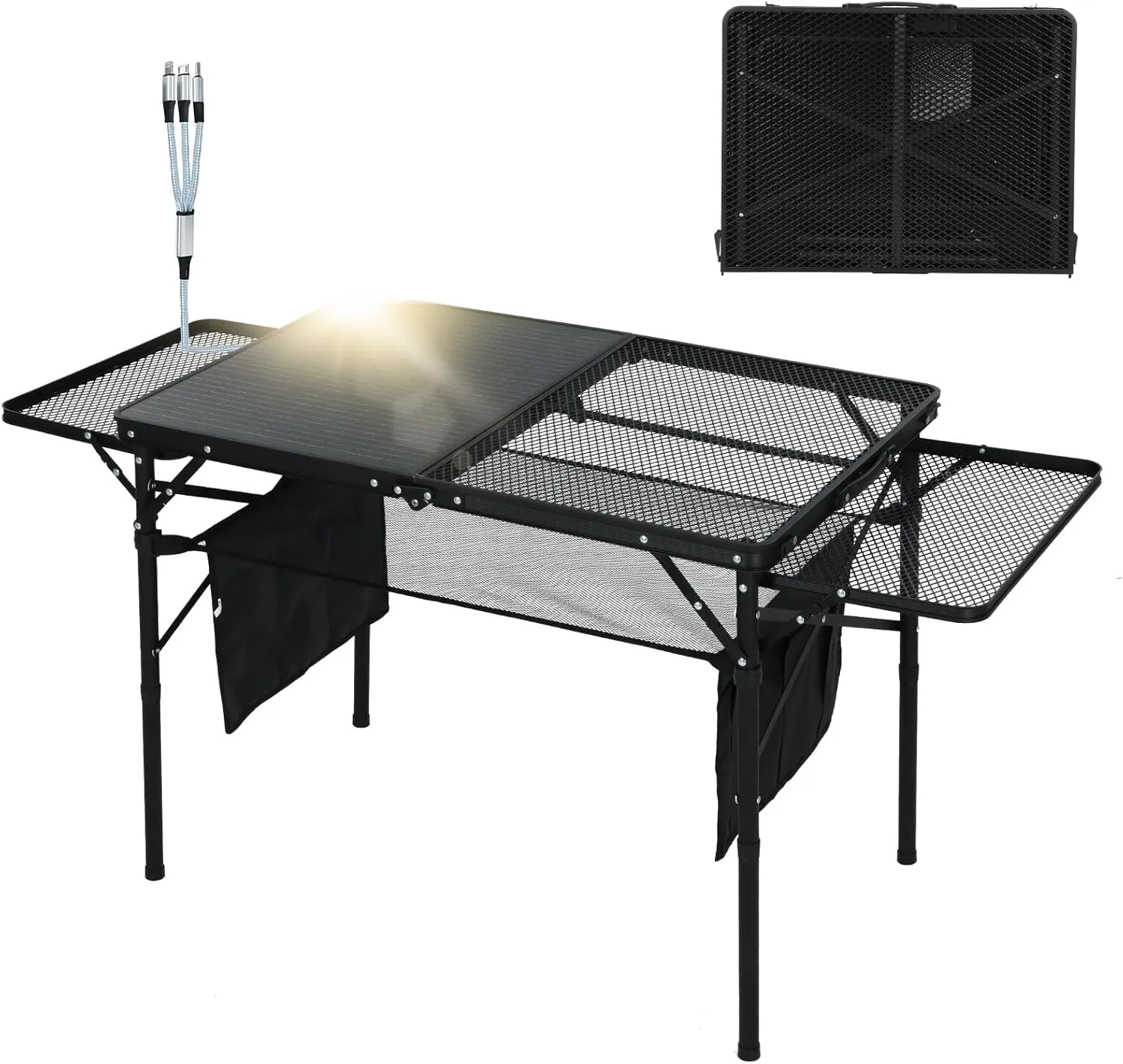 CDEN Camping Table, Grill Table, Solar Panel Table, Power Charger, Camping Table with Side Tables, USB Type-C DC outlets for Phone provided, 42W Output, 2 Side Shelves, mesh net, Cup Holder