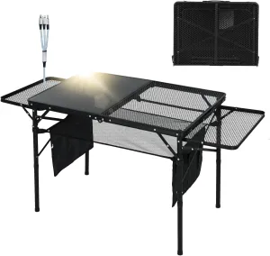CDEN Camping Table, Grill Table, Solar Panel Table, Power Charger, Camping Table with Side Tables, USB Type-C DC outlets for Phone provided, 42W Output, 2 Side Shelves, mesh net, Cup Holder