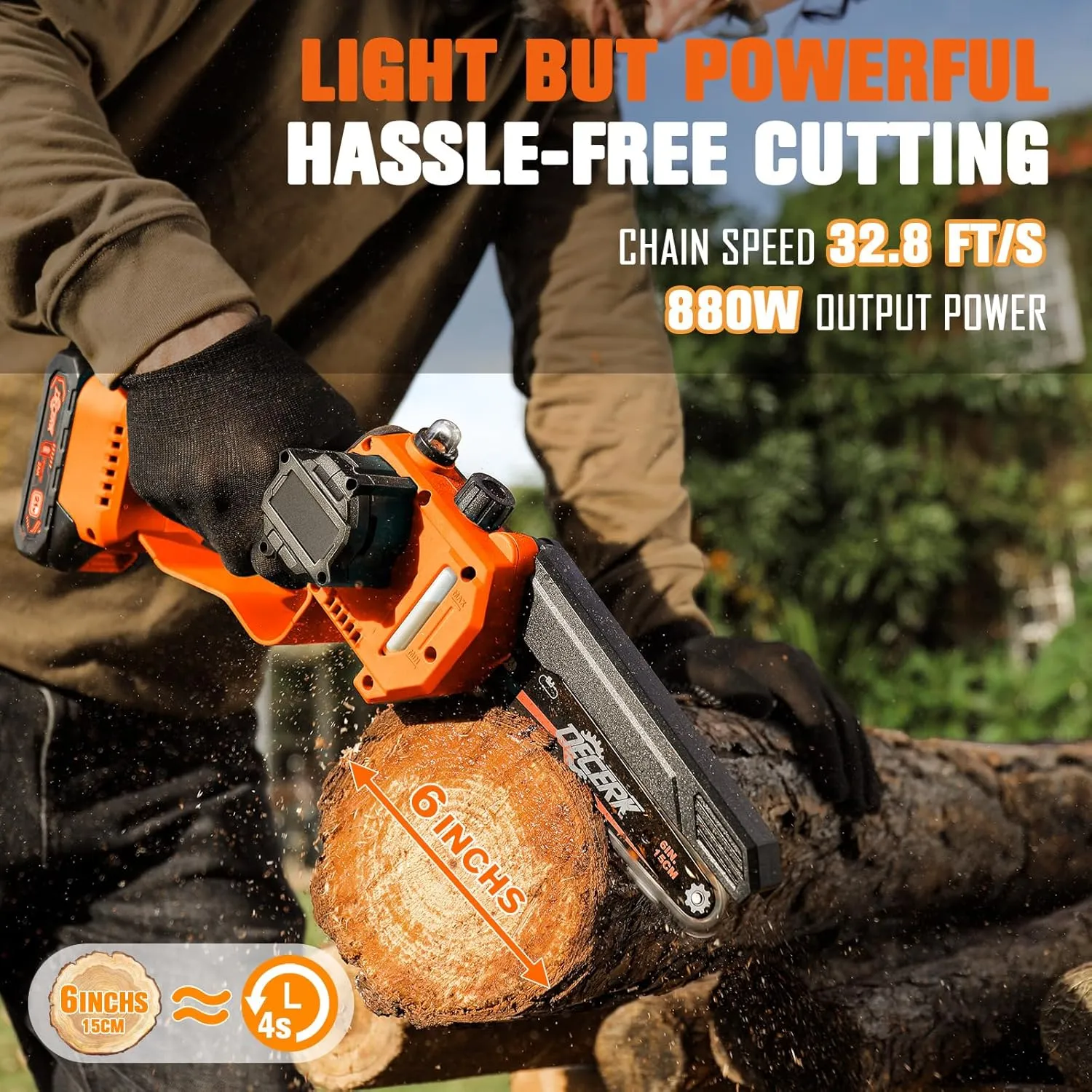 Chainsaw Cordless DECERK 6 Inch Mini Electric Chainsaw, Brushless Handheld Small Chain Saw with 2 Batteries for Camping/Trimming/Courtyard/Household, 2025 Best Gardener Gifts