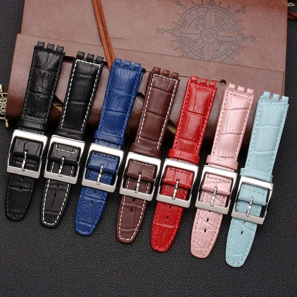 Choco&Man US Swatch Litchi Grain Cow Leather Stainless Steel Buckle Watch Band Strap with Tool Watch Width 17mm Replacement for Men's Swatch