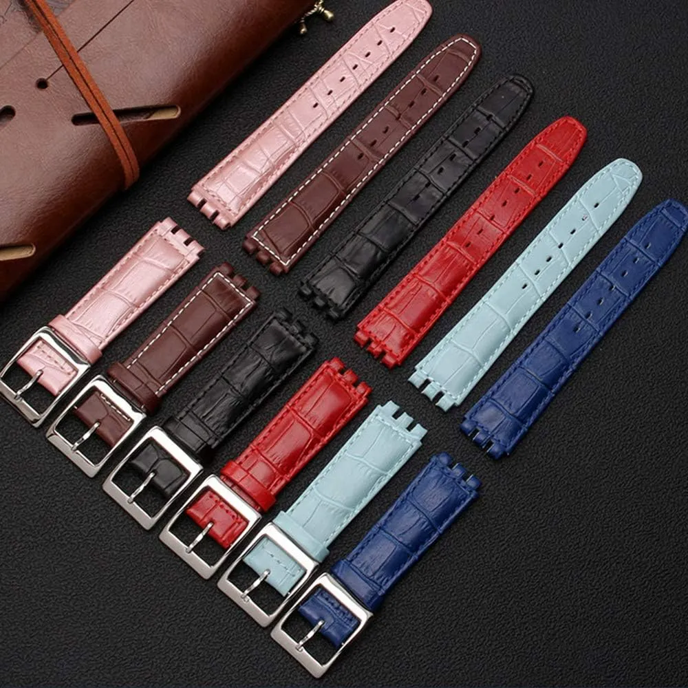 Choco&Man US Swatch Litchi Grain Cow Leather Stainless Steel Buckle Watch Band Strap with Tool Watch Width 17mm Replacement for Men's Swatch