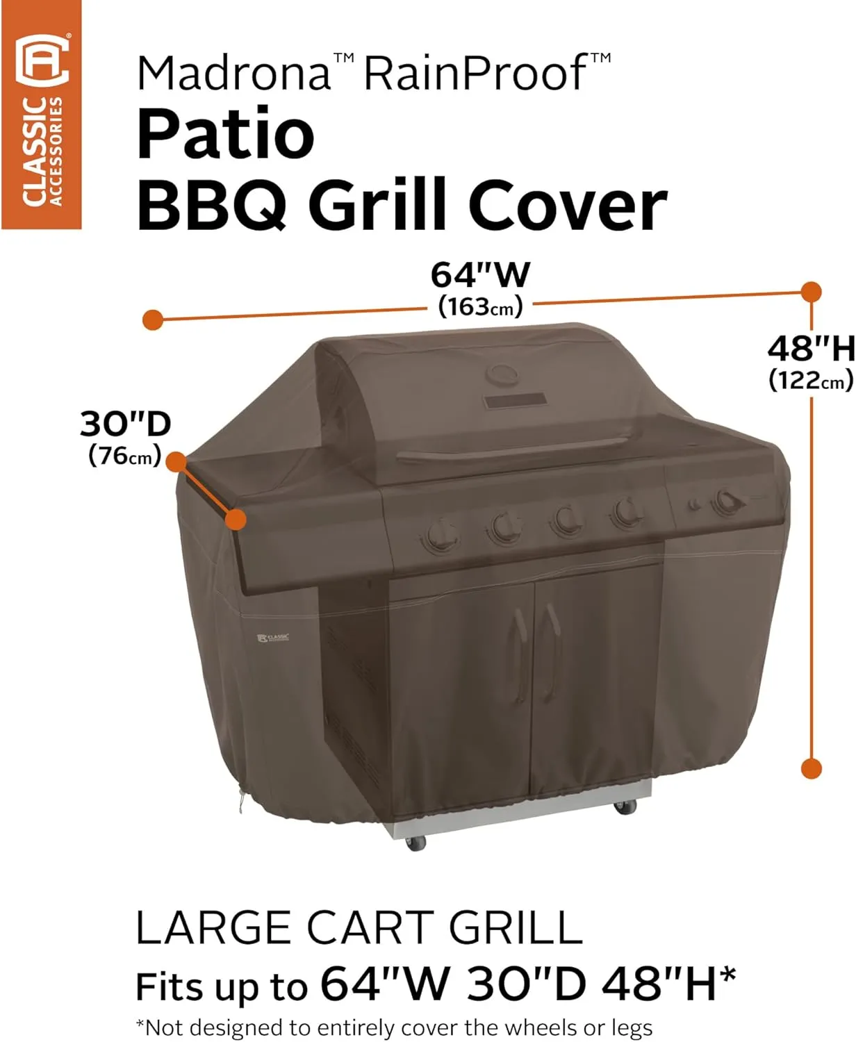 Classic Accessories Madrona Rainproof 64 Inch BBQ Grill Cover, Grill Cover, Grill Cover for Outdoor Grill, BBQ Cover