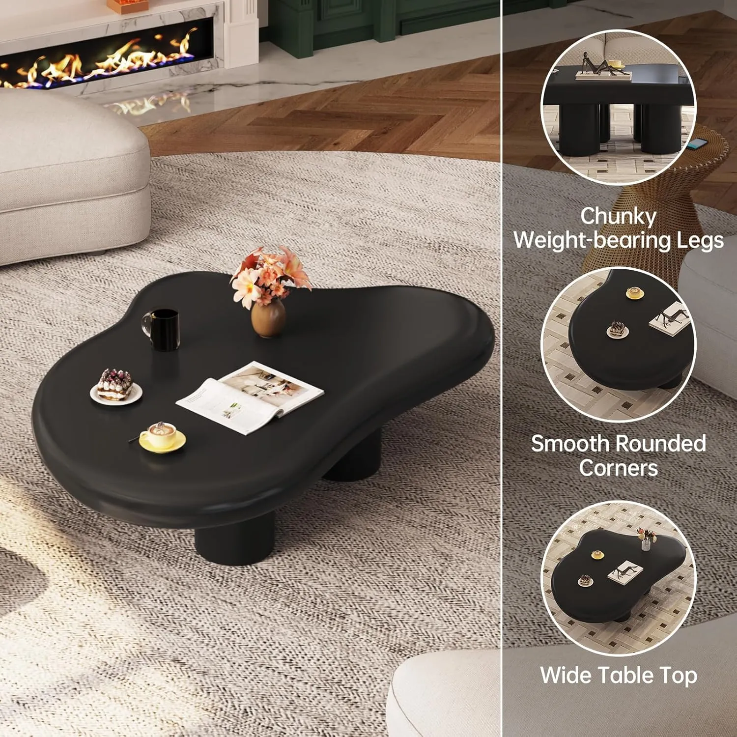 Cloud Coffee Table, Cute End Table, Modern Coffee Table, Black Cartoon Coffee Tables, Irregular Indoor Tea Table for Living Room with 4 Legs, 46.06"