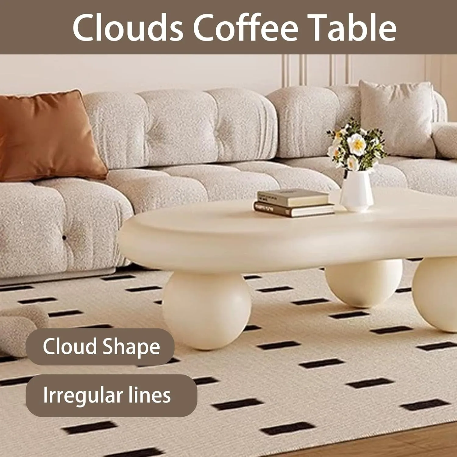 Cloud Coffee Table, Cute Irregular Coffee/Tea Table with Large Tabletop, Accent Cocktail Table, Cloud Shape Modern Coffee Table for Living Room, Office, Home Dec (A White 47in)
