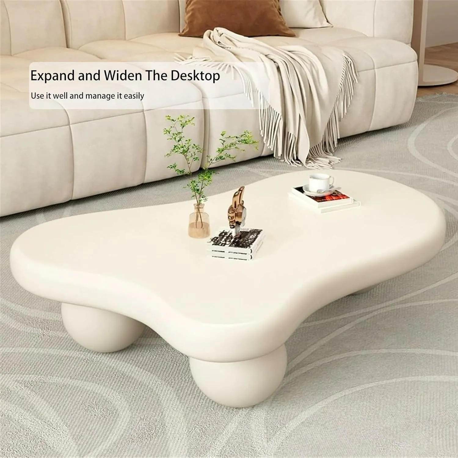 Cloud Coffee Table, Cute Irregular Coffee/Tea Table with Large Tabletop, Accent Cocktail Table, Cloud Shape Modern Coffee Table for Living Room, Office, Home Dec (A White 47in)