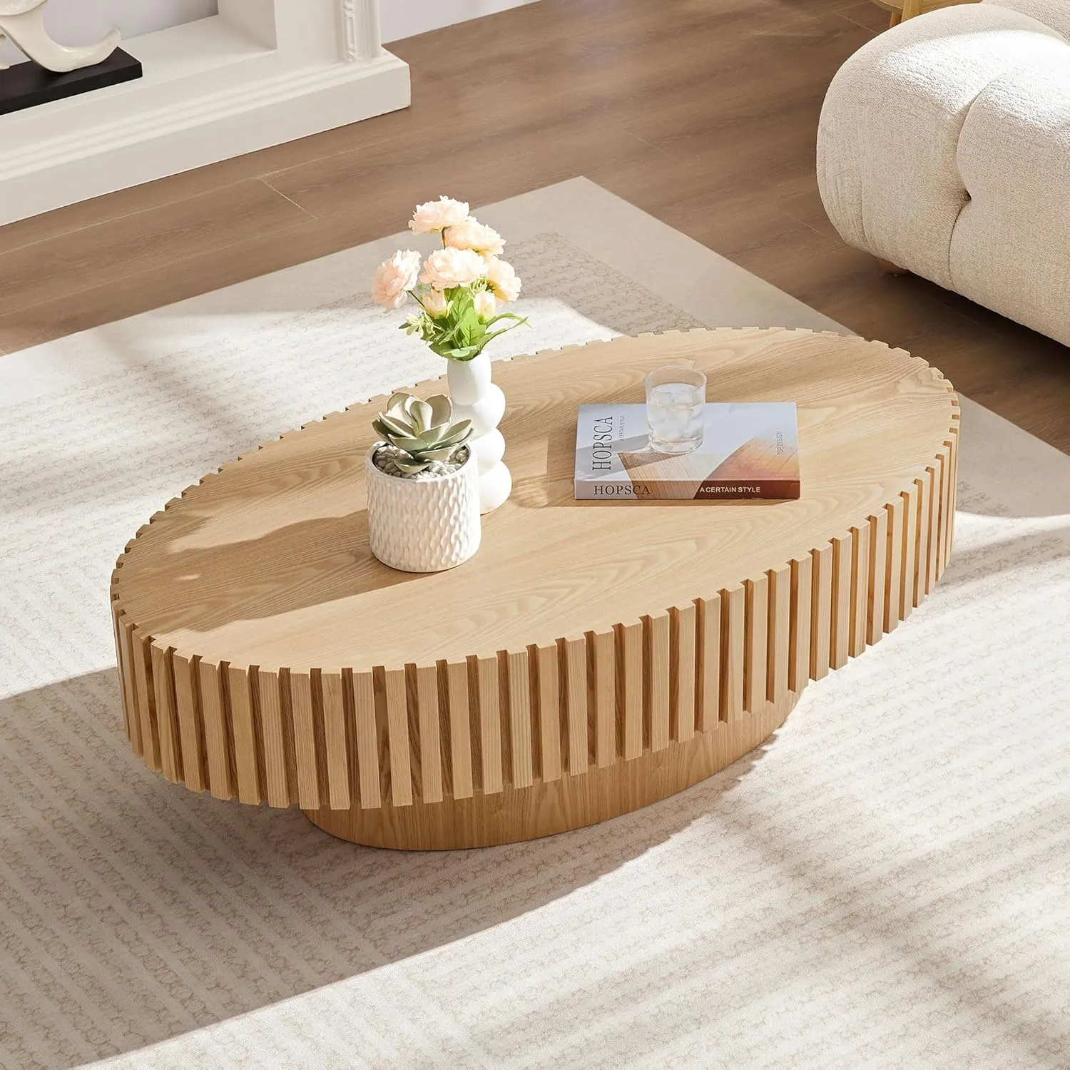 Coffee Table, 43.7 Inch Modern Handcraft Solid Wood Drum Oval Coffee Table for Living Room, Small Space, Office, Easy Assembly (Oak)