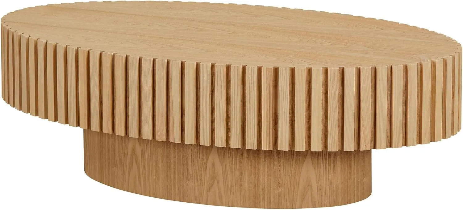 Coffee Table, 43.7 Inch Modern Handcraft Solid Wood Drum Oval Coffee Table for Living Room, Small Space, Office, Easy Assembly (Oak)