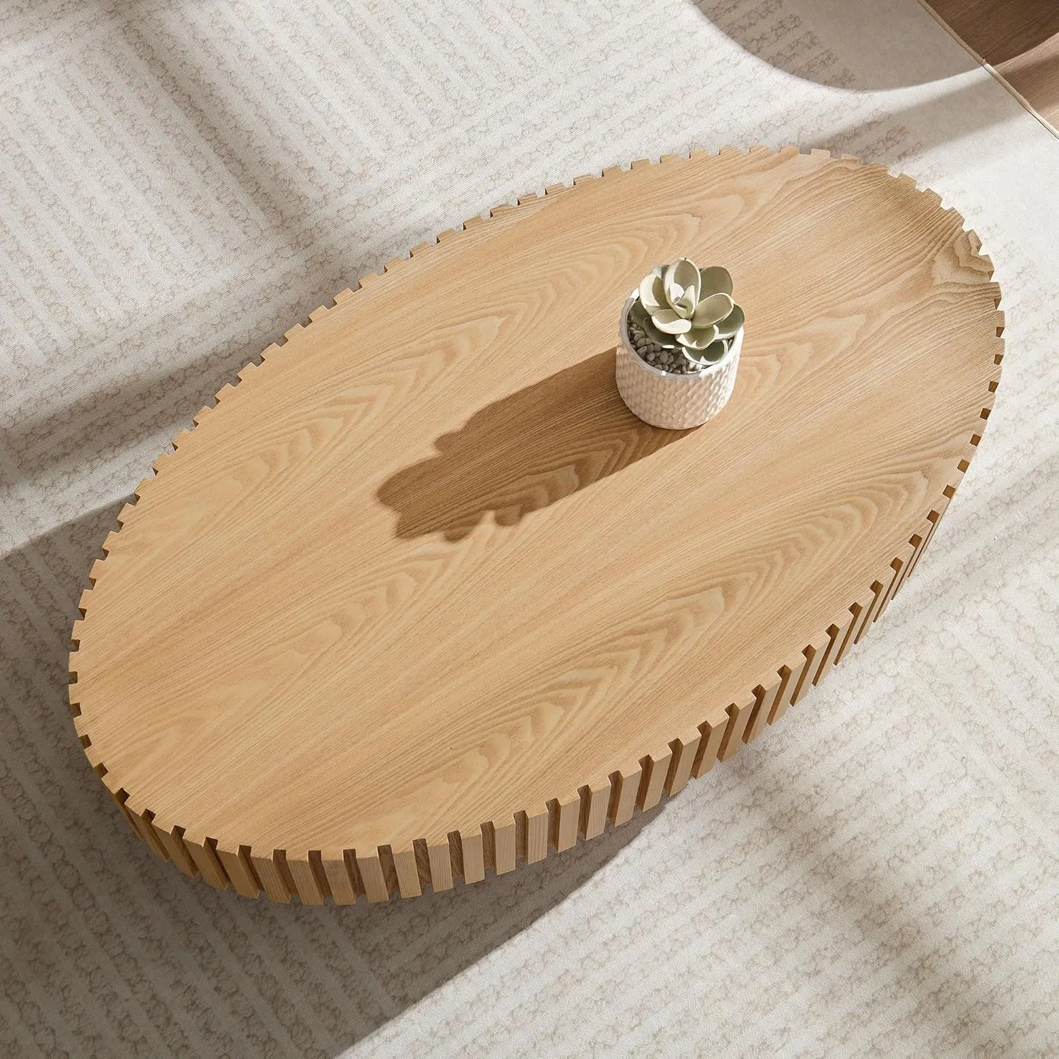 Coffee Table, 43.7 Inch Modern Handcraft Solid Wood Drum Oval Coffee Table for Living Room, Small Space, Office, Easy Assembly (Oak)