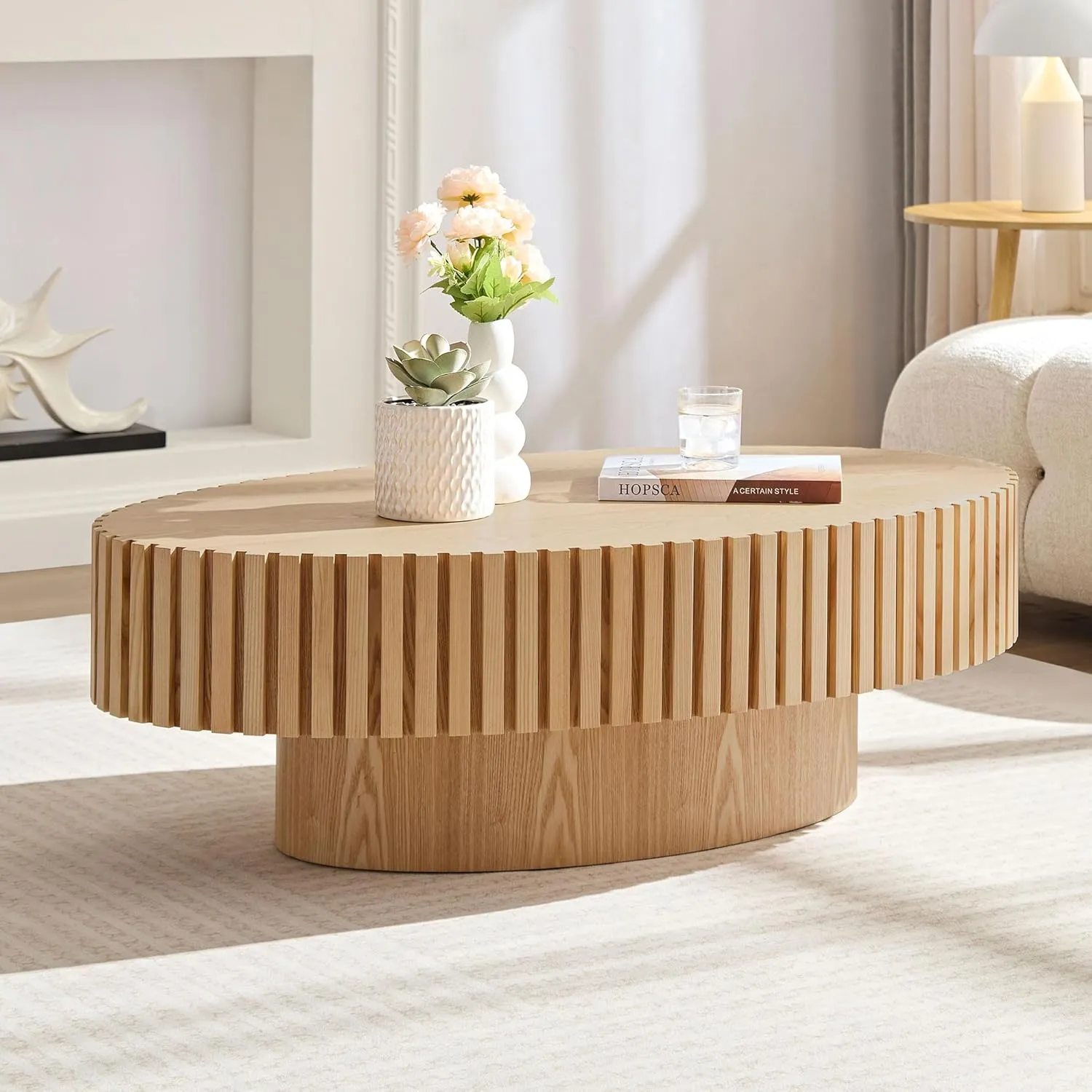 Coffee Table, 43.7 Inch Modern Handcraft Solid Wood Drum Oval Coffee Table for Living Room, Small Space, Office, Easy Assembly (Oak)