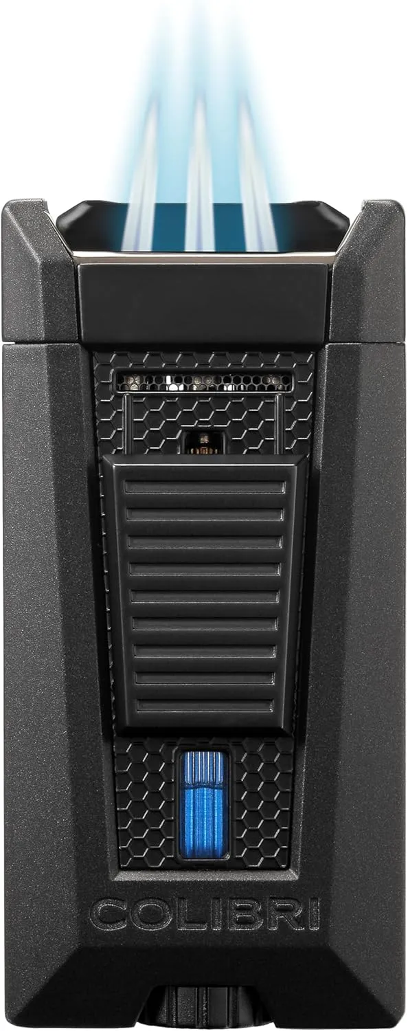 Colibri Stealth Triple Jet Flame Butane Lighter, Windproof & Refillable, Cigar Enthusiast's Choice with Blue Fuel Window and Adjustable Flame (Black)