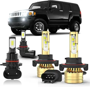Compatible For Hummer H3 2006 2007 2008 2009 2010 LED Light Bulb,9008 Hi/Lo Light Bulbs   9140/9145 Fog Light Bulbs,6000K White,500% Brightness 9008 9140 Bulb Combo,Plug and Play,Pack of 4