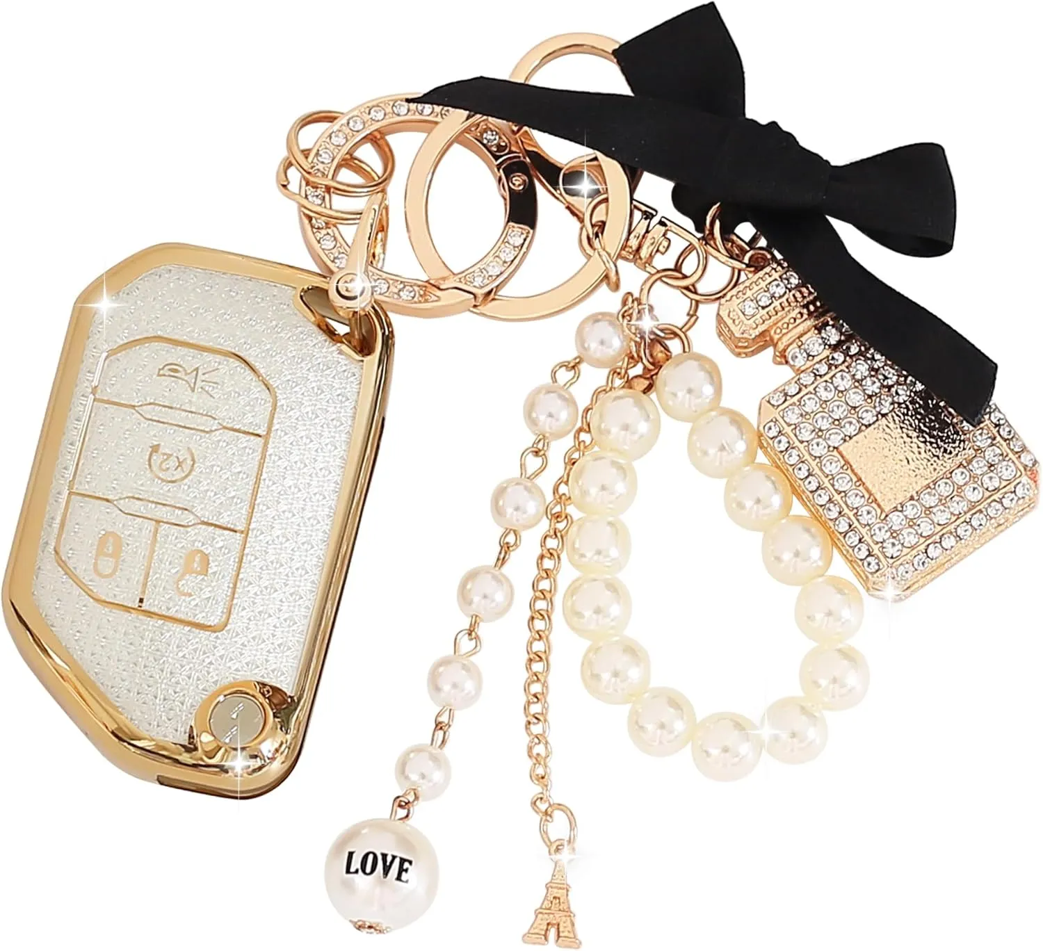 Compatible with Jeep Key Fob Cover with Diamond Perfume Keychain, 4 Buttons