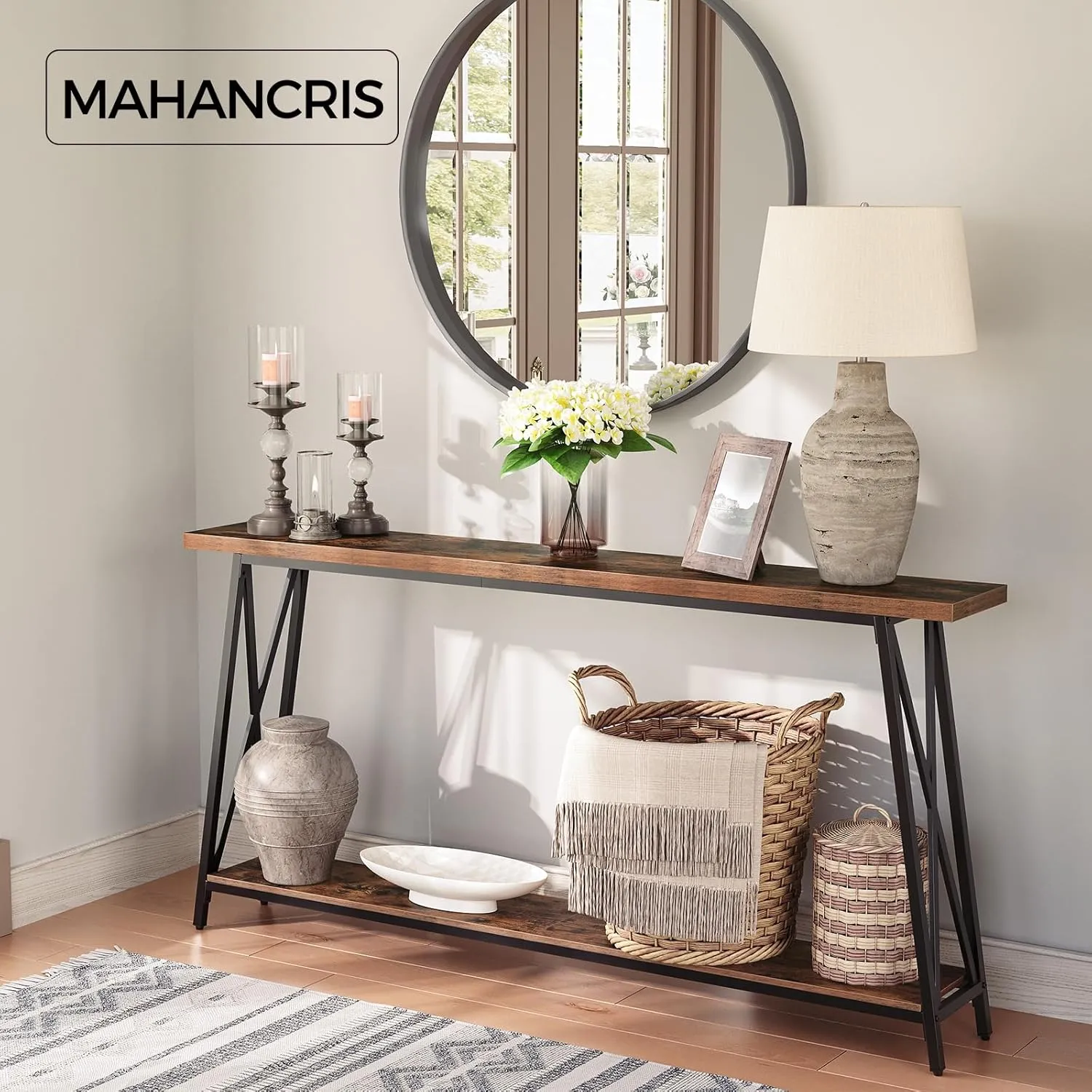 Console Table, 63" Industrial Entryway Table, Extra Long Sofa Table Behind Couch, X-Shaped Support, for Entryway, Hallway, Living Room, Rustic Brown CTHR4801Z