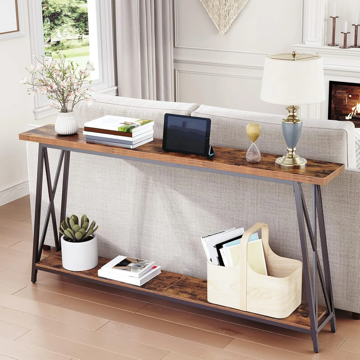 Console Table, 63" Industrial Entryway Table, Extra Long Sofa Table Behind Couch, X-Shaped Support, for Entryway, Hallway, Living Room, Rustic Brown CTHR4801Z