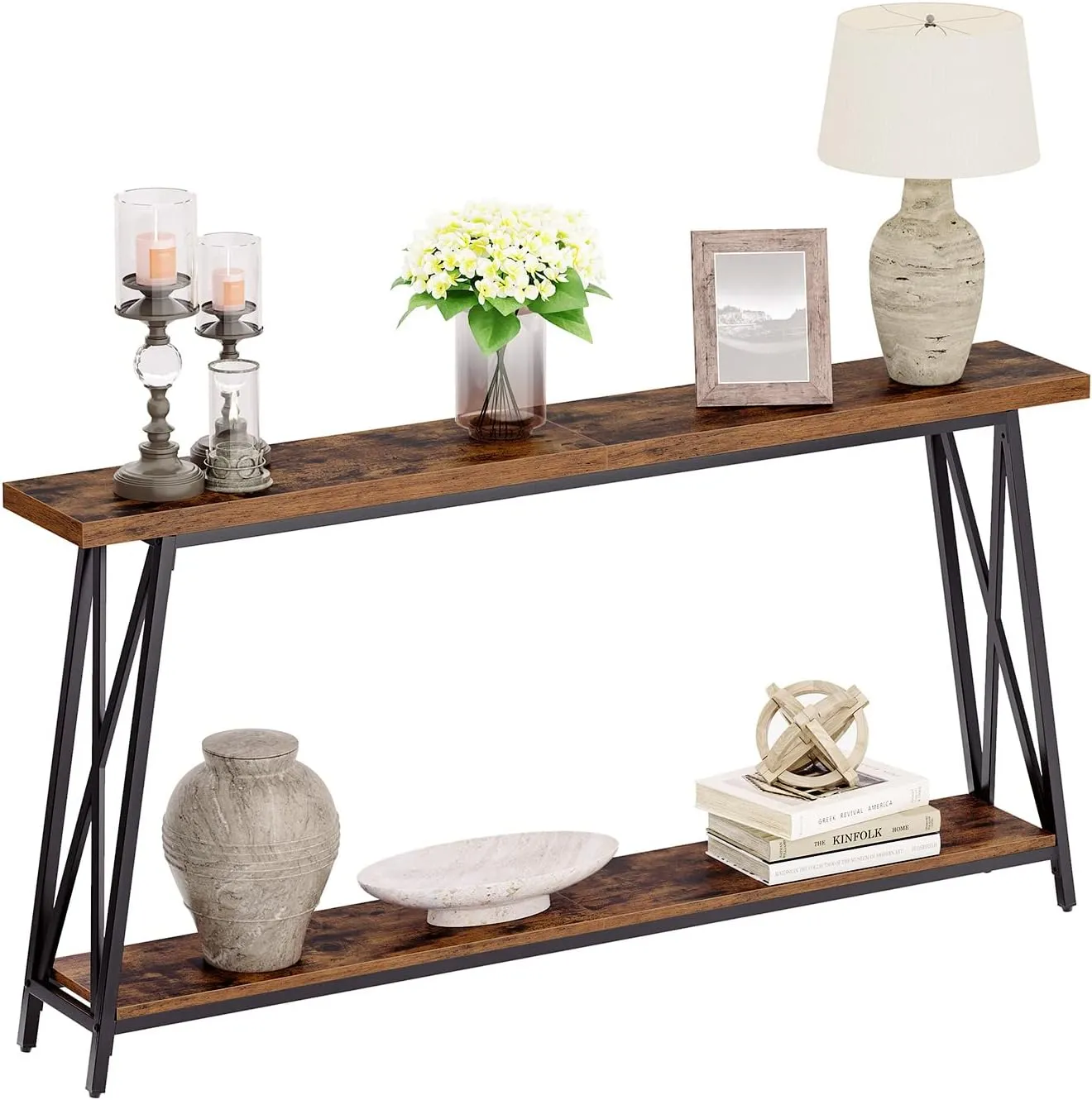 Console Table, 63" Industrial Entryway Table, Extra Long Sofa Table Behind Couch, X-Shaped Support, for Entryway, Hallway, Living Room, Rustic Brown CTHR4801Z