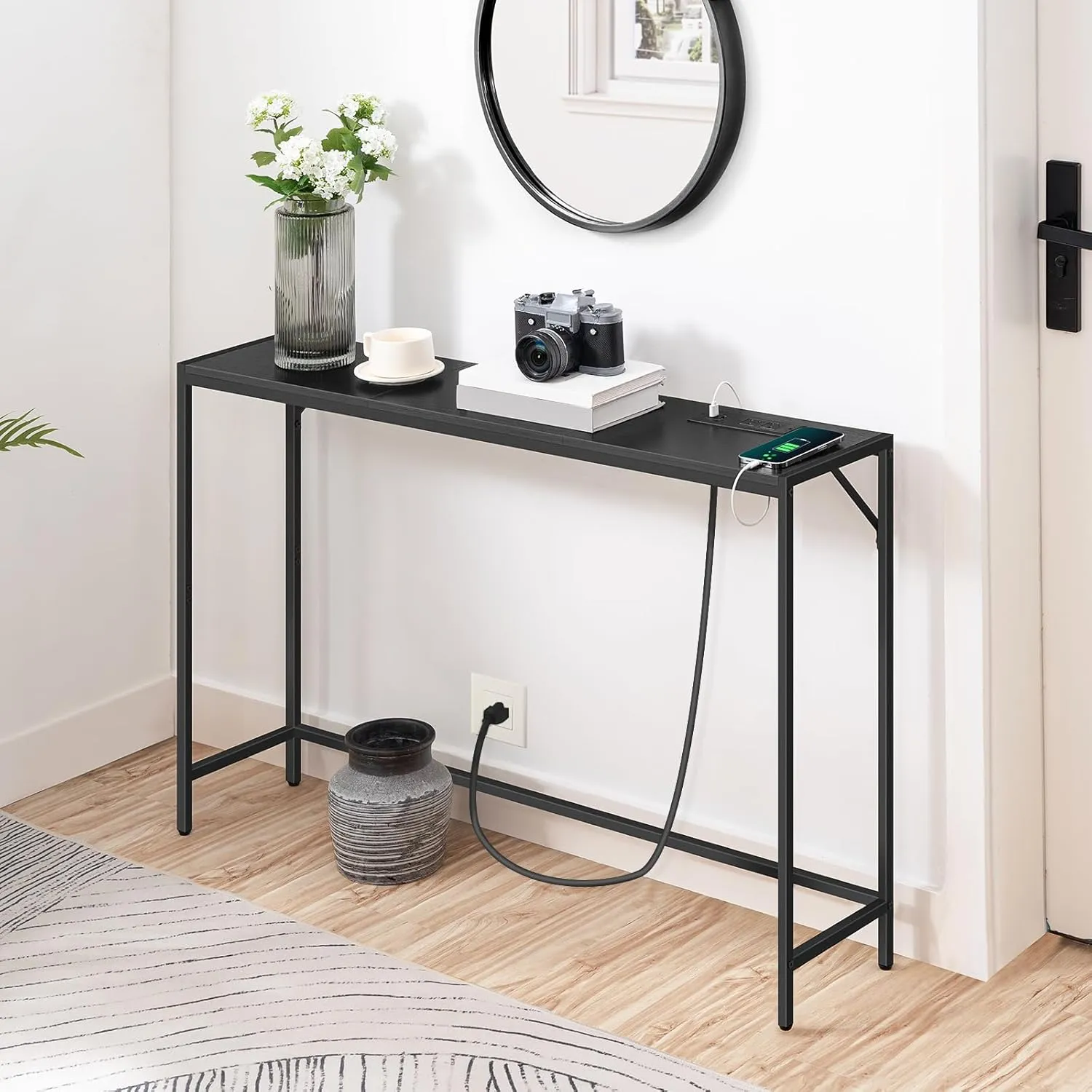 Console Table, Narrow Sofa Table, 43.3” Entrance Table with Power Station, Behind Couch Table, Simple Style, for Living Room, Hallway, Entryway, Foyer, Black CTHB112E01