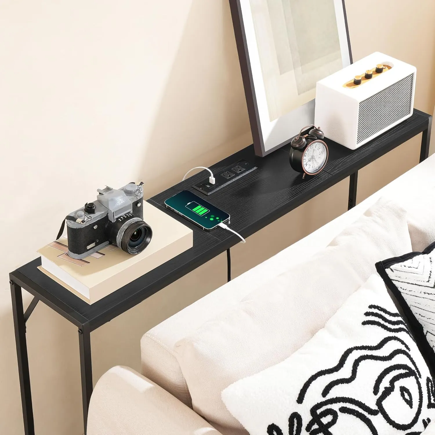 Console Table, Narrow Sofa Table, 43.3” Entrance Table with Power Station, Behind Couch Table, Simple Style, for Living Room, Hallway, Entryway, Foyer, Black CTHB112E01