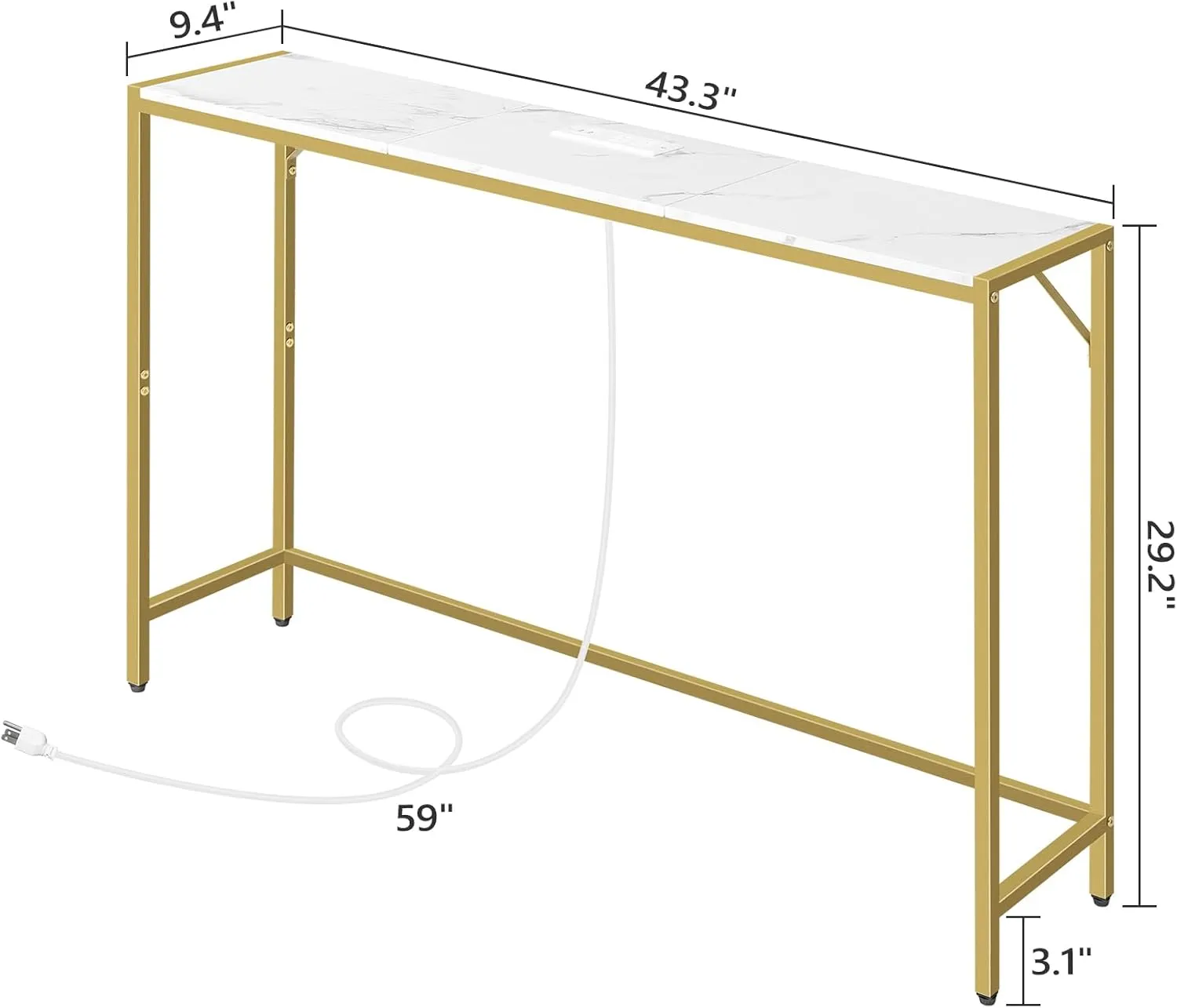 Console Table, Narrow Sofa Table, 43.3” Entrance Table with Power Station, Behind Couch Table, Simple Style, for Living Room, Hallway, Entryway, Foyer, Marble and Gold CTJM112E01