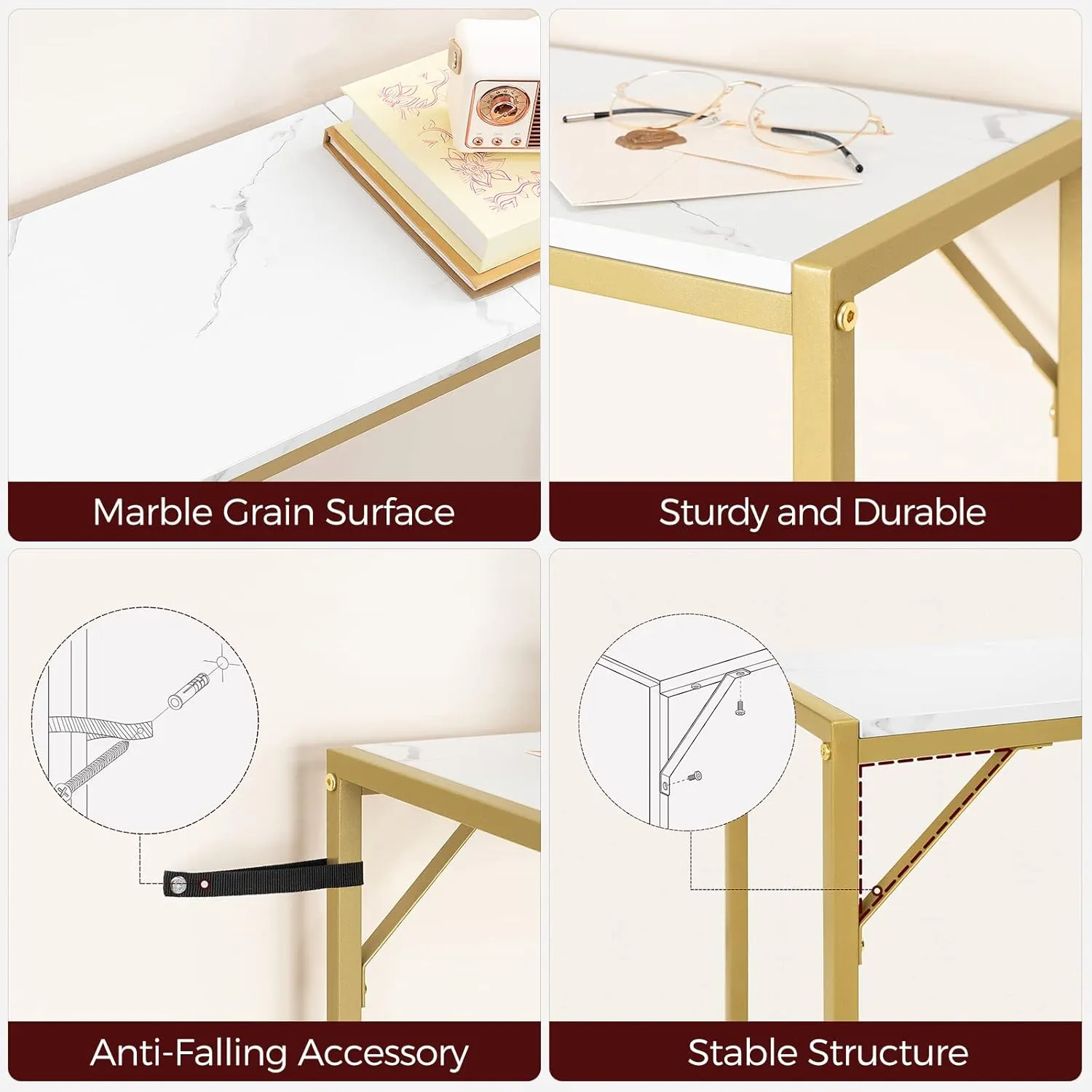 Console Table, Narrow Sofa Table, 43.3” Entrance Table with Power Station, Behind Couch Table, Simple Style, for Living Room, Hallway, Entryway, Foyer, Marble and Gold CTJM112E01