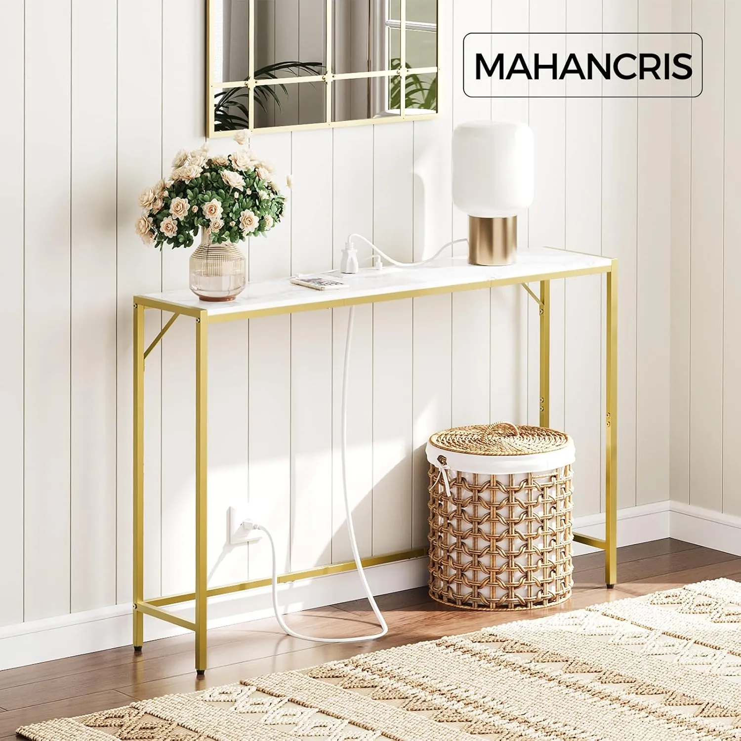 Console Table, Narrow Sofa Table, 43.3” Entrance Table with Power Station, Behind Couch Table, Simple Style, for Living Room, Hallway, Entryway, Foyer, Marble and Gold CTJM112E01