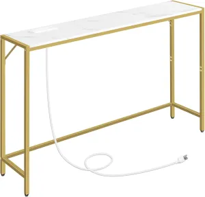 Console Table, Narrow Sofa Table, 43.3” Entrance Table with Power Station, Behind Couch Table, Simple Style, for Living Room, Hallway, Entryway, Foyer, Marble and Gold CTJM112E01