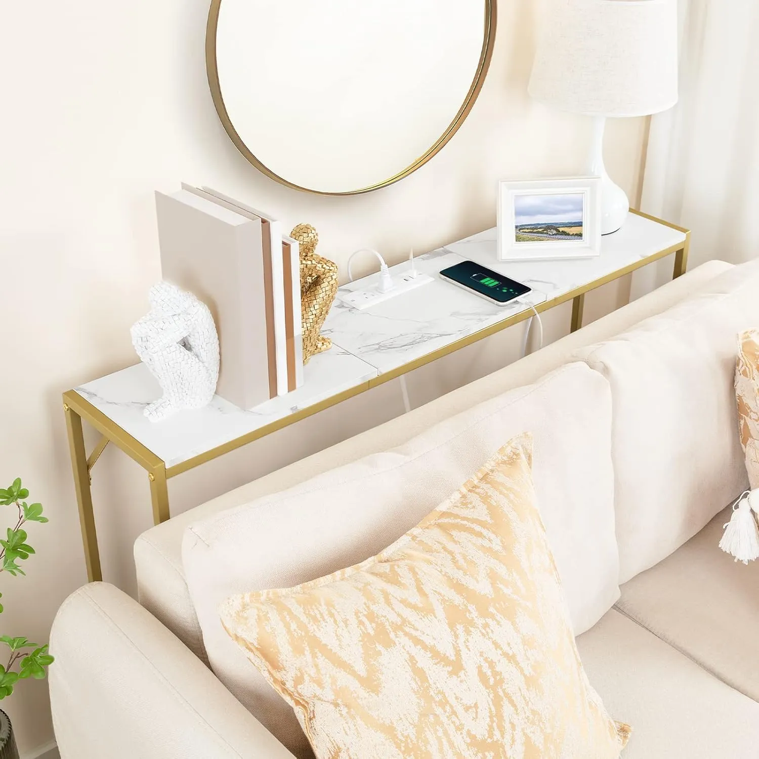 Console Table, Narrow Sofa Table, 43.3” Entrance Table with Power Station, Behind Couch Table, Simple Style, for Living Room, Hallway, Entryway, Foyer, Marble and Gold CTJM112E01