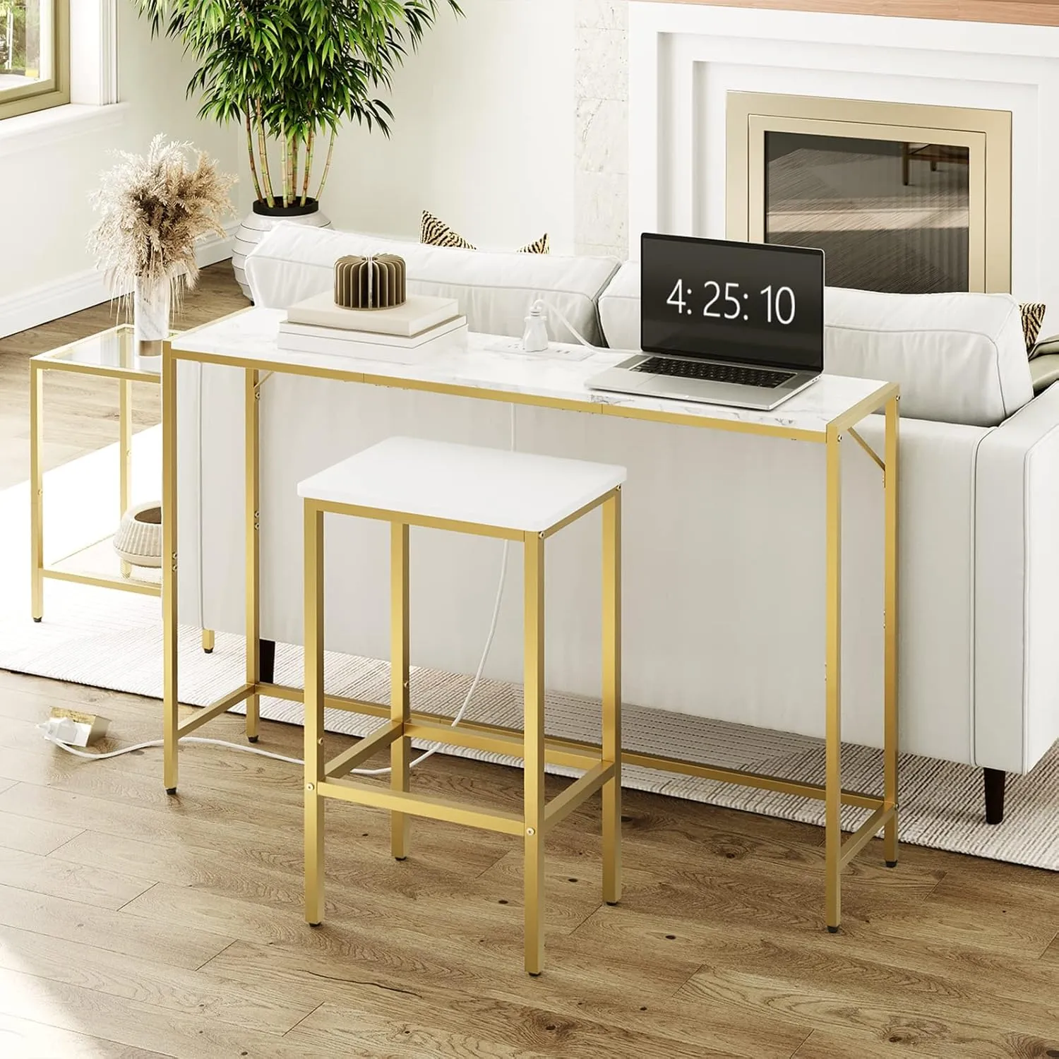 Console Table, Narrow Sofa Table, 43.3” Entrance Table with Power Station, Behind Couch Table, Simple Style, for Living Room, Hallway, Entryway, Foyer, Marble and Gold CTJM112E01