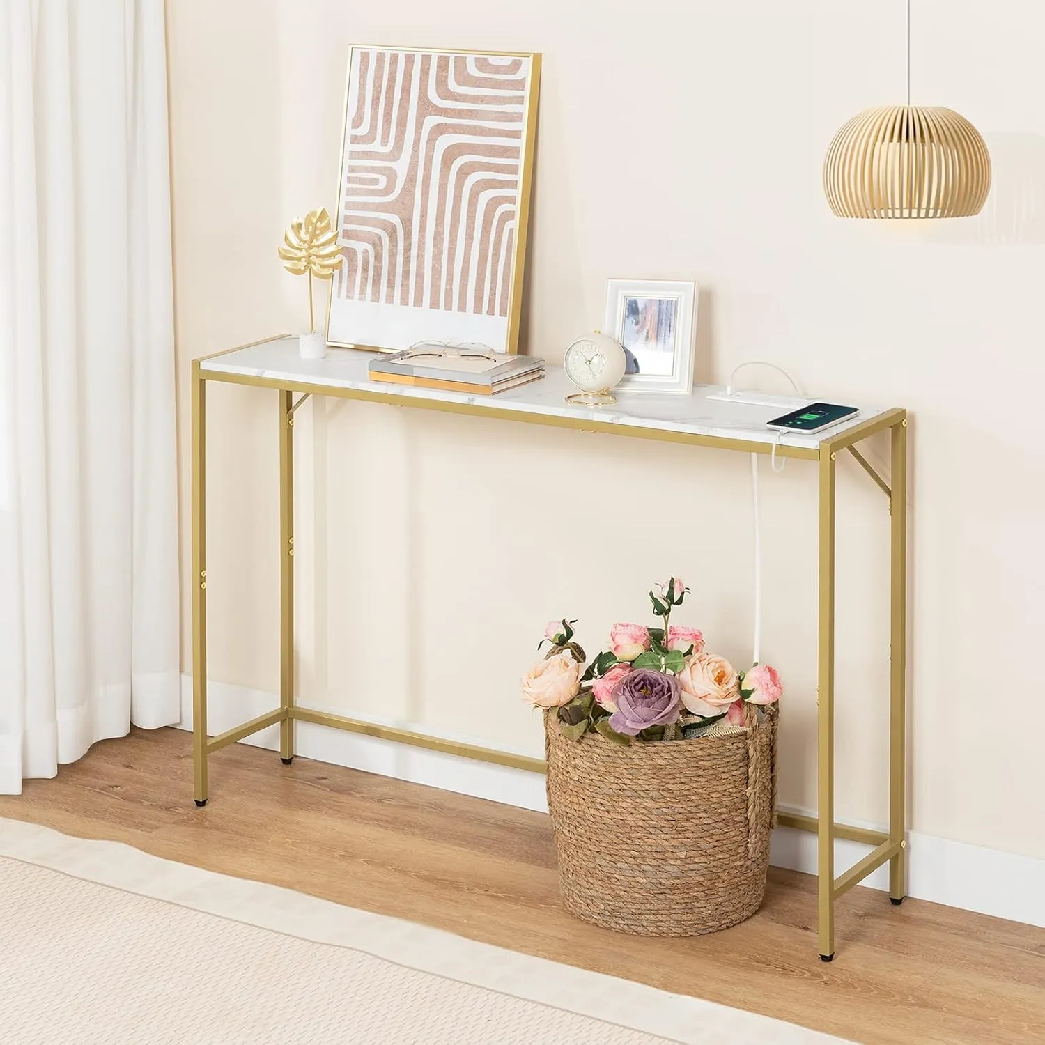 Console Table, Narrow Sofa Table, 43.3” Entrance Table with Power Station, Behind Couch Table, Simple Style, for Living Room, Hallway, Entryway, Foyer, Marble and Gold CTJM112E01