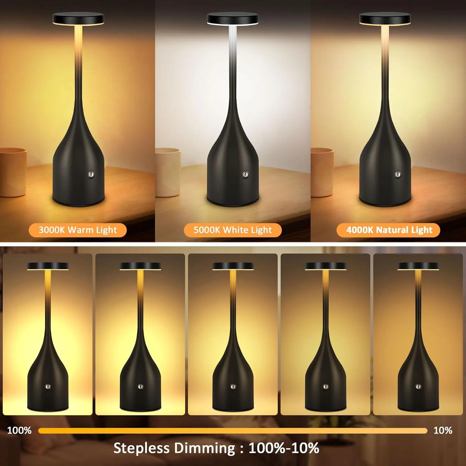 Cordless Table Lamp Rechargeable - 5000mAh Battery Operated LED Table Light, Wireless Portable Table Light Waterproof for Outdoor Patio Restaurant Dining Dinner Home, Black 2 Pack