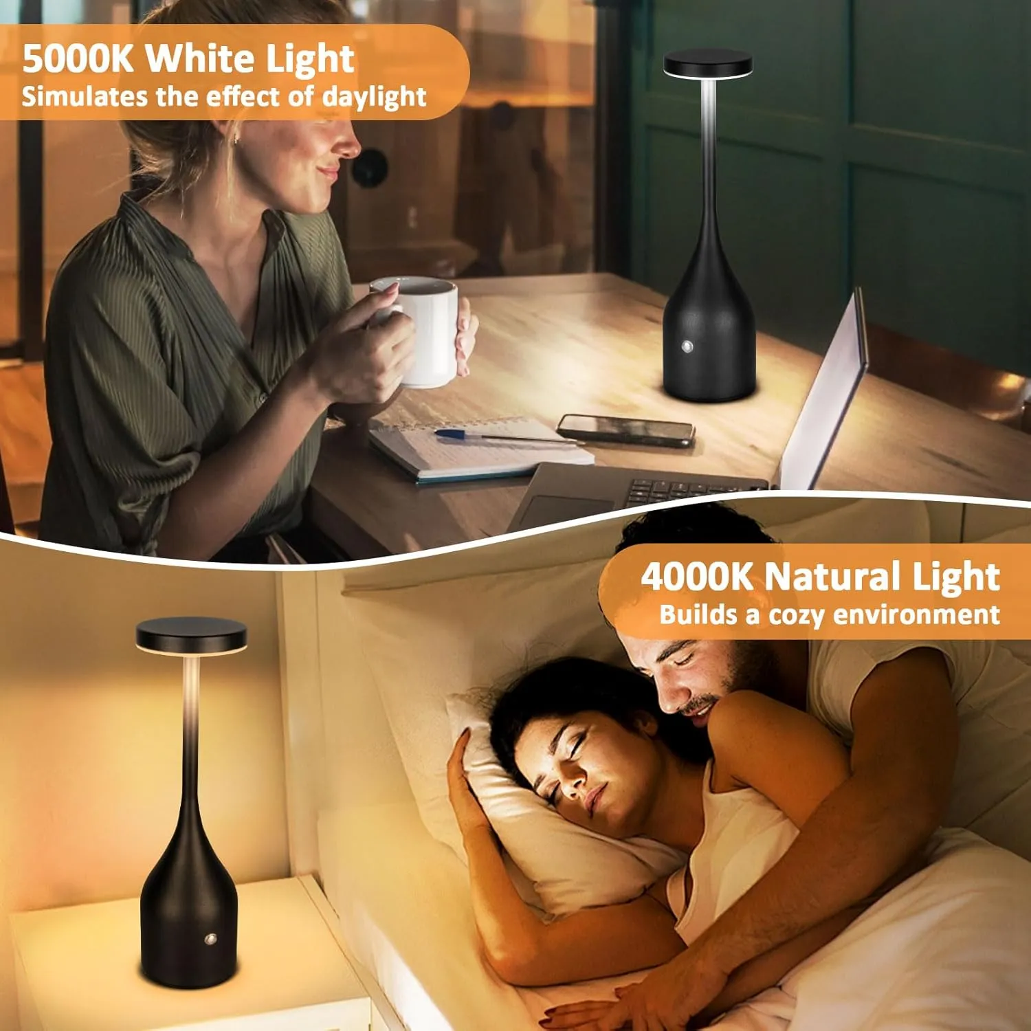 Cordless Table Lamp Rechargeable - 5000mAh Battery Operated LED Table Light, Wireless Portable Table Light Waterproof for Outdoor Patio Restaurant Dining Dinner Home, Black 2 Pack