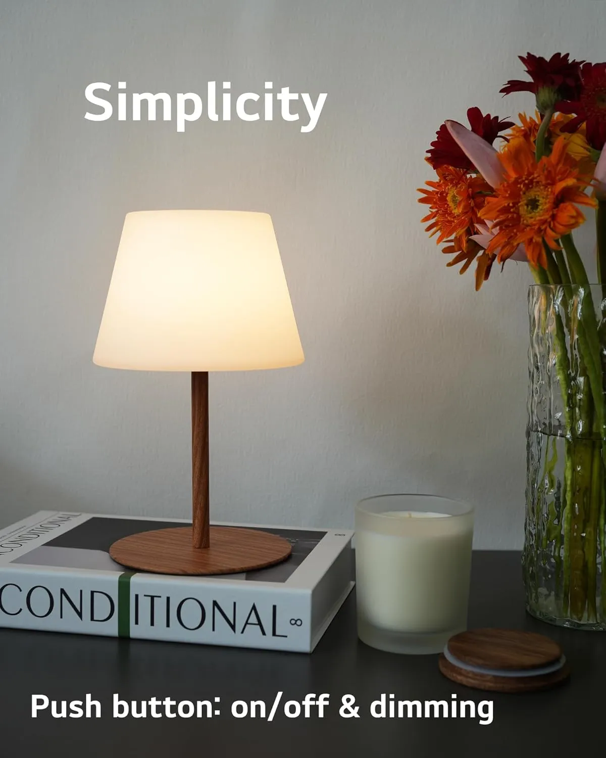 Cordless Table Lamp Rechargeable, Outdoor Battery Operated Table Lamp Waterproof, Portable Touch Dimmable Night Light, Height Adjustable, for Home/Bedroom/Patio/Restaurant (Wood)