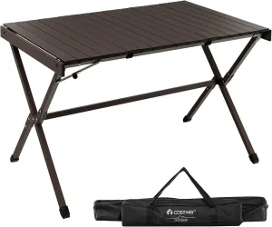 COSTWAY Portable Picnic Table, 28’’ x 43’’ Roll-Up Aluminum Beach Table with Carry Bag for 4-6 Person, Folding Camping Table with Sturdy X-Shaped Frame (Brown)