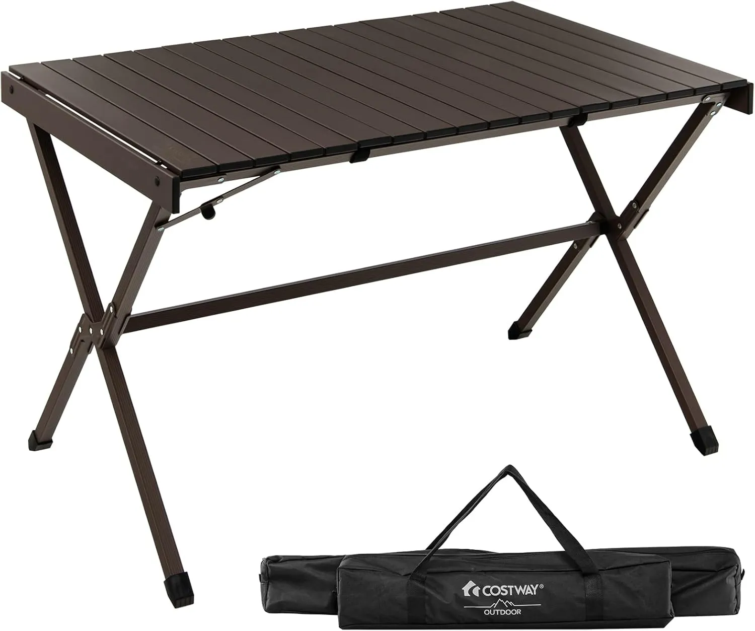 COSTWAY Portable Picnic Table, 28’’ x 43’’ Roll-Up Aluminum Beach Table with Carry Bag for 4-6 Person, Folding Camping Table with Sturdy X-Shaped Frame (Brown)